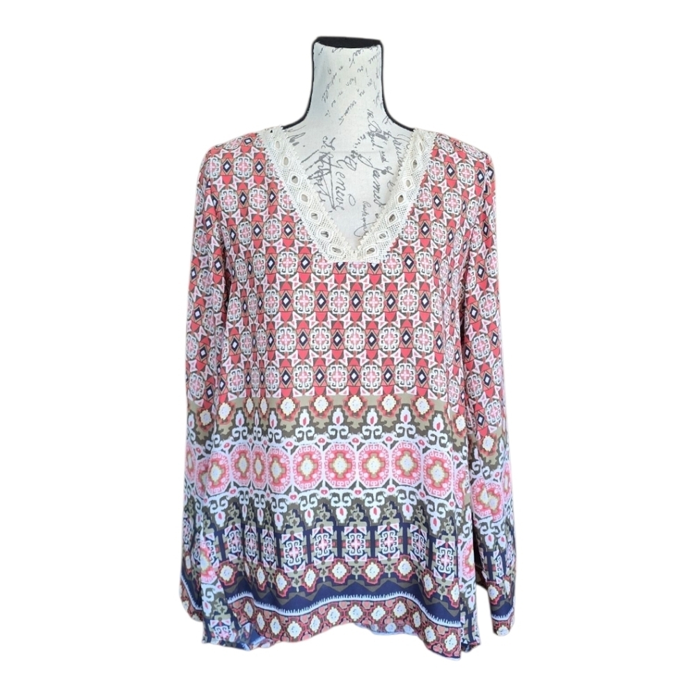 Halo Red Cream Multicolor Geometric Print Long Sleeve Boho Blouse M